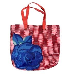 Lancôme Red Stripe Blue Flower Printed Tote Bag